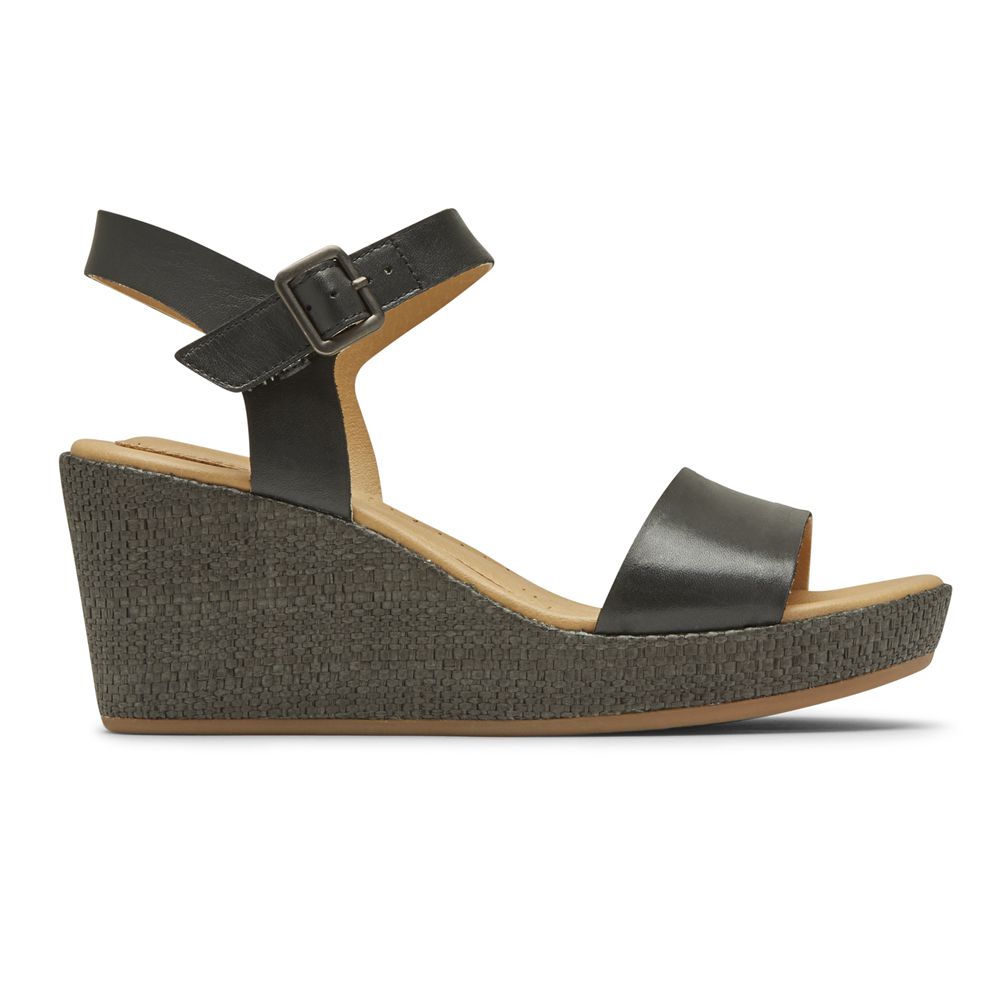 Sandálias De Cunha Mulher Rockport Lyla Ankle-Strap Pretas,Portugal WZLYO-2614